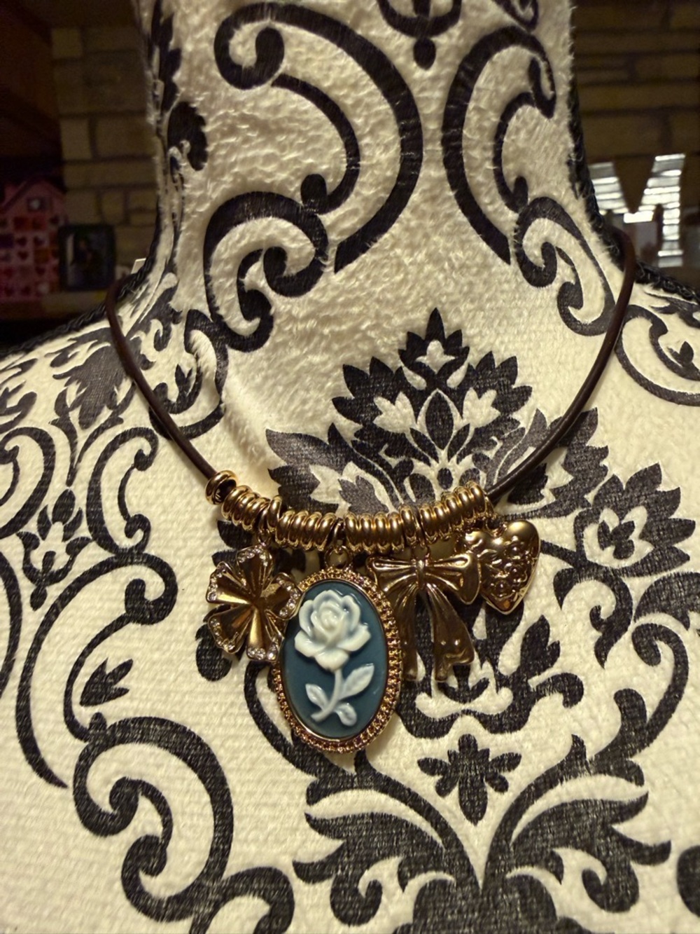 Gold-Tone Necklace with Blue Cameo Rose Pendant